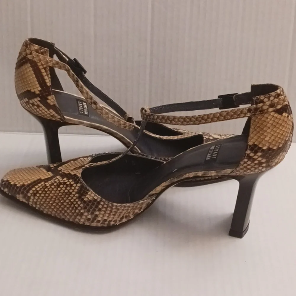 Stuart Weitzman size 7B women's snake print t-strap high-heel shoes brown cream. - Picture 5 of 17